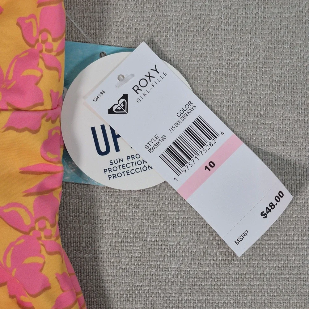 Roxy Girl One Piece Swimsuit Yellow Pink Floral UPF 50+ Size 10 New